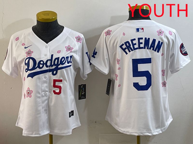 Youth Los Angeles Dodgers #5 Freeman White Sakura Edition 2025 Nike MLB Jersey style 6
